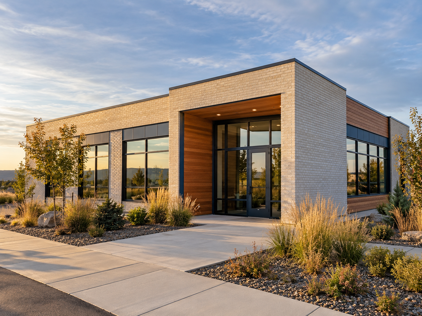 Contemporary brick and cedar commercial building in soft evening light.