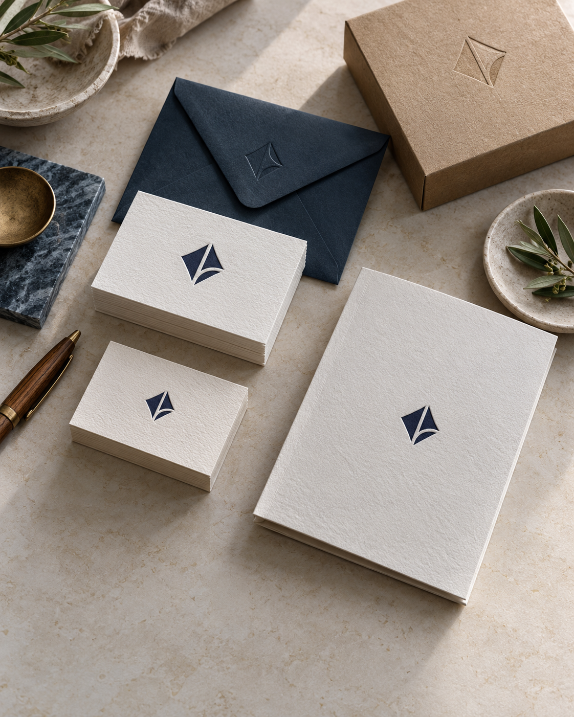 Navy and ivory stationery with an embossed geometric identity.