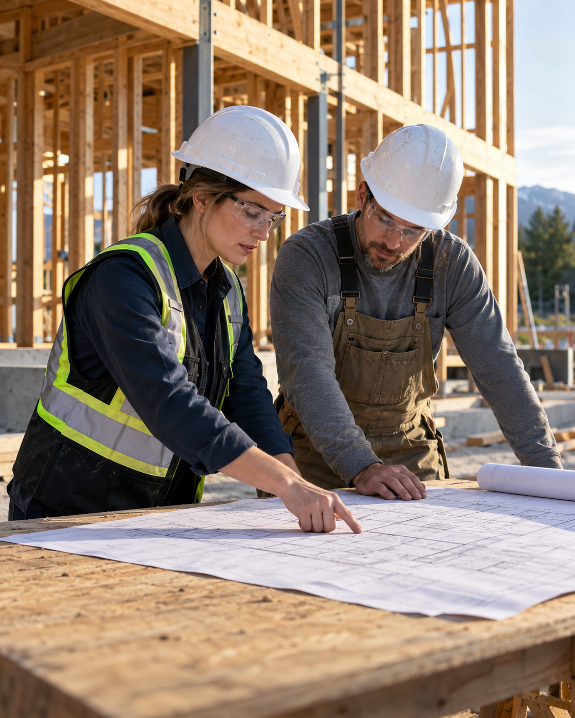 Two construction professionals reviewing drawings at a timber-framed building.