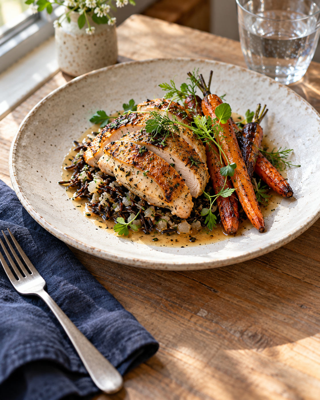 Roasted chicken, wild rice, and carrots served on a ceramic plate.