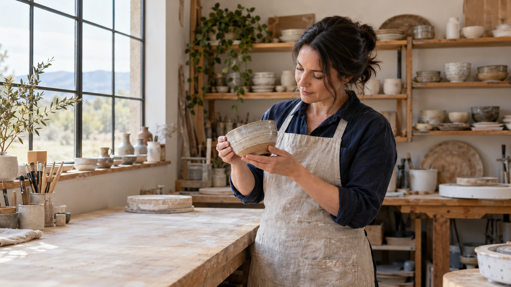 Potter inspecting a handmade bowl in a sunlit workshop.
