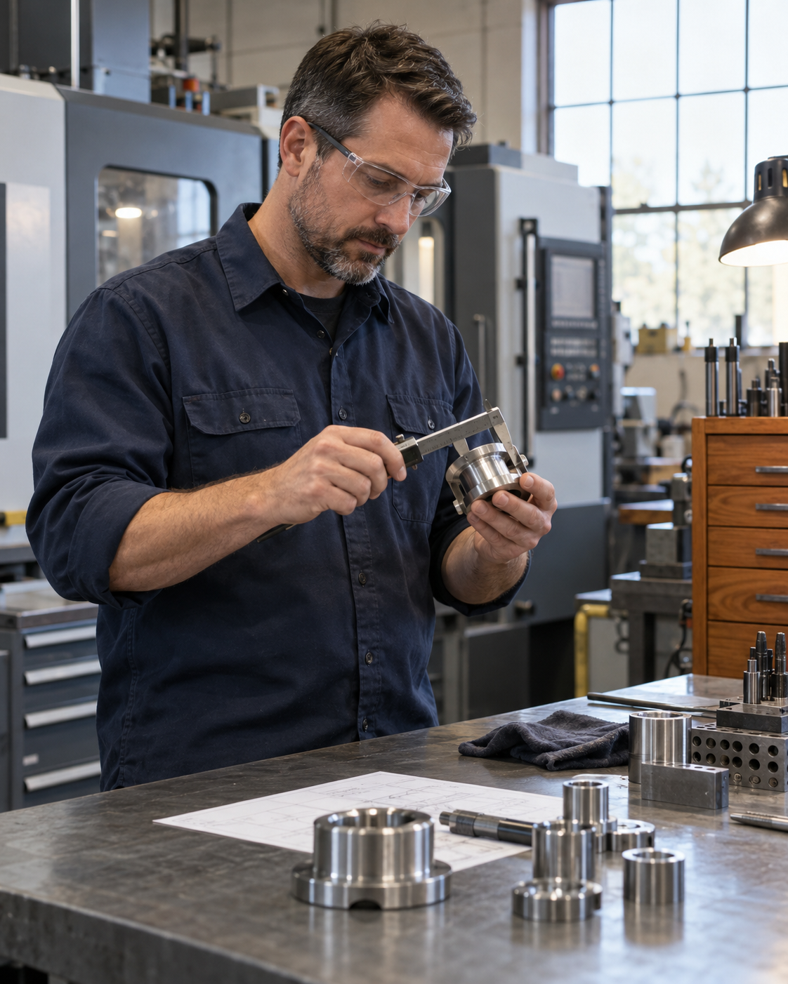 Machinist inspecting a metal component with a caliper.
