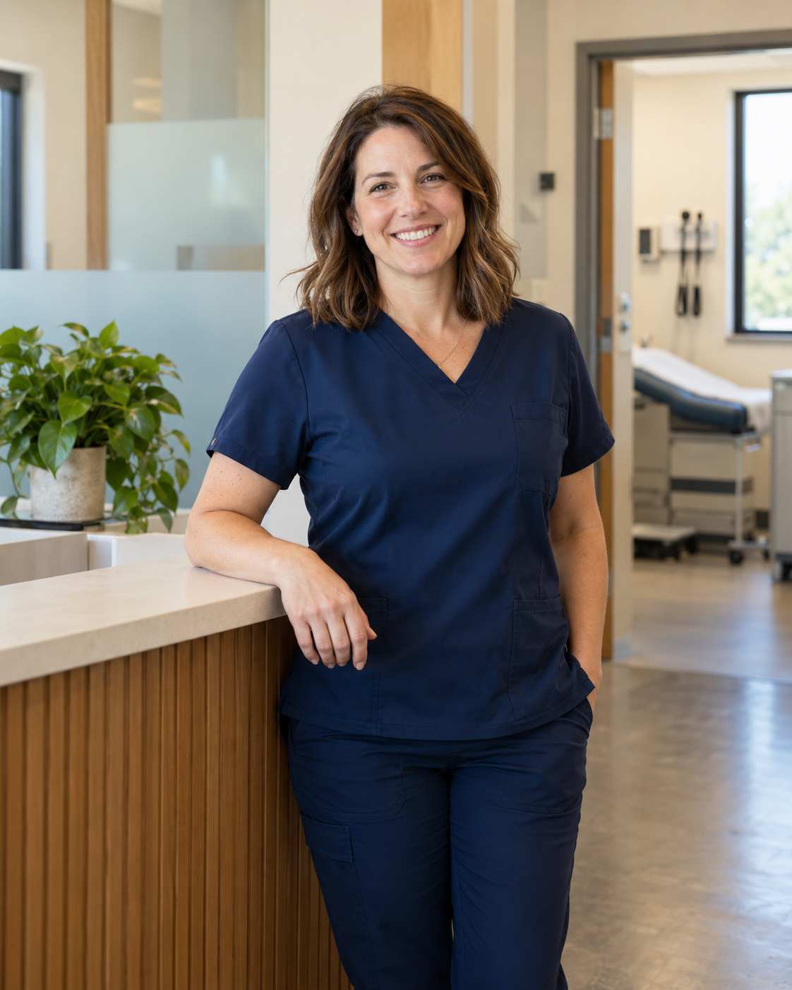 Clinician in navy scrubs standing at a welcoming clinic reception desk.