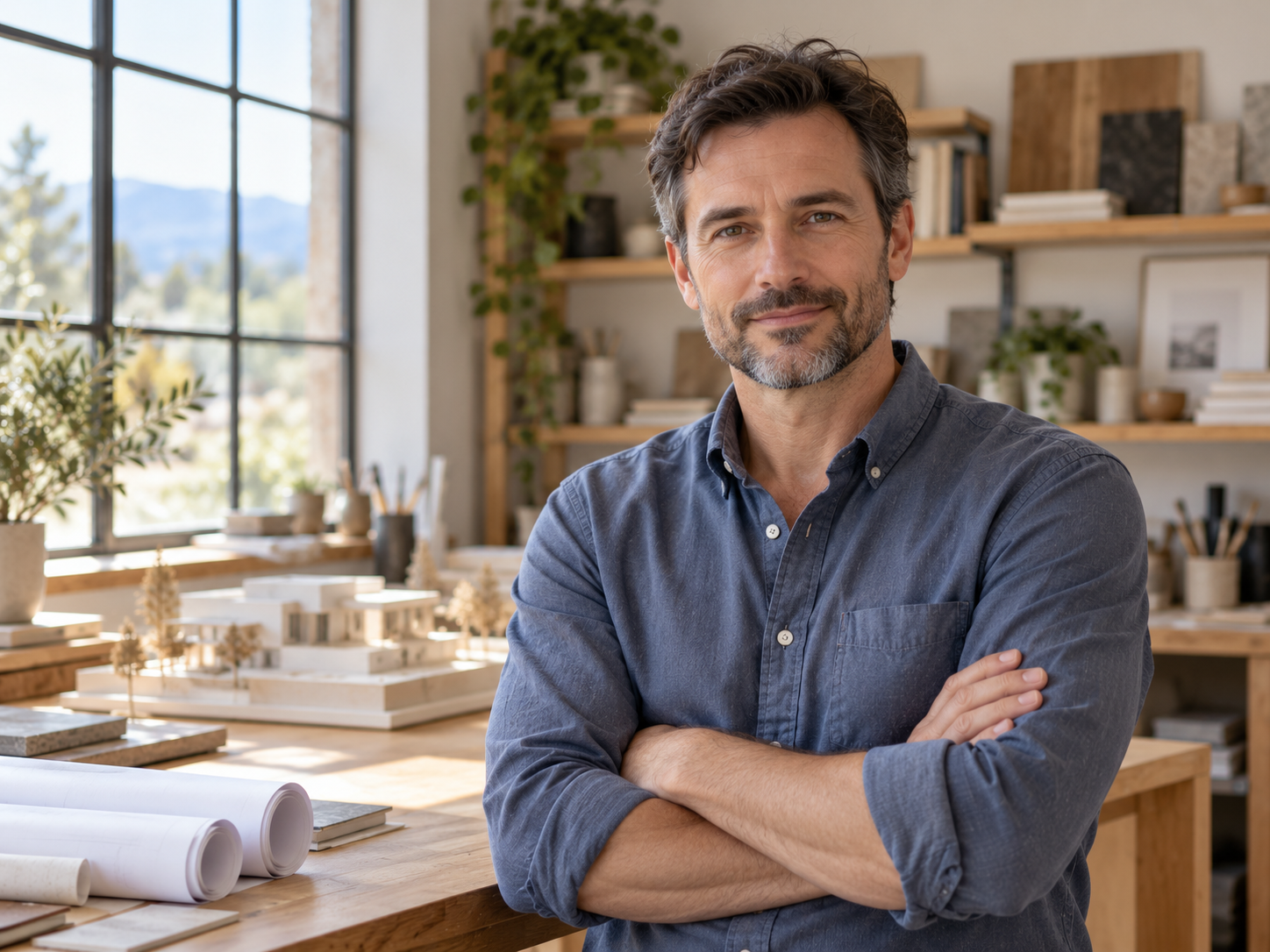 Architect standing beside a desk in a naturally lit design studio.