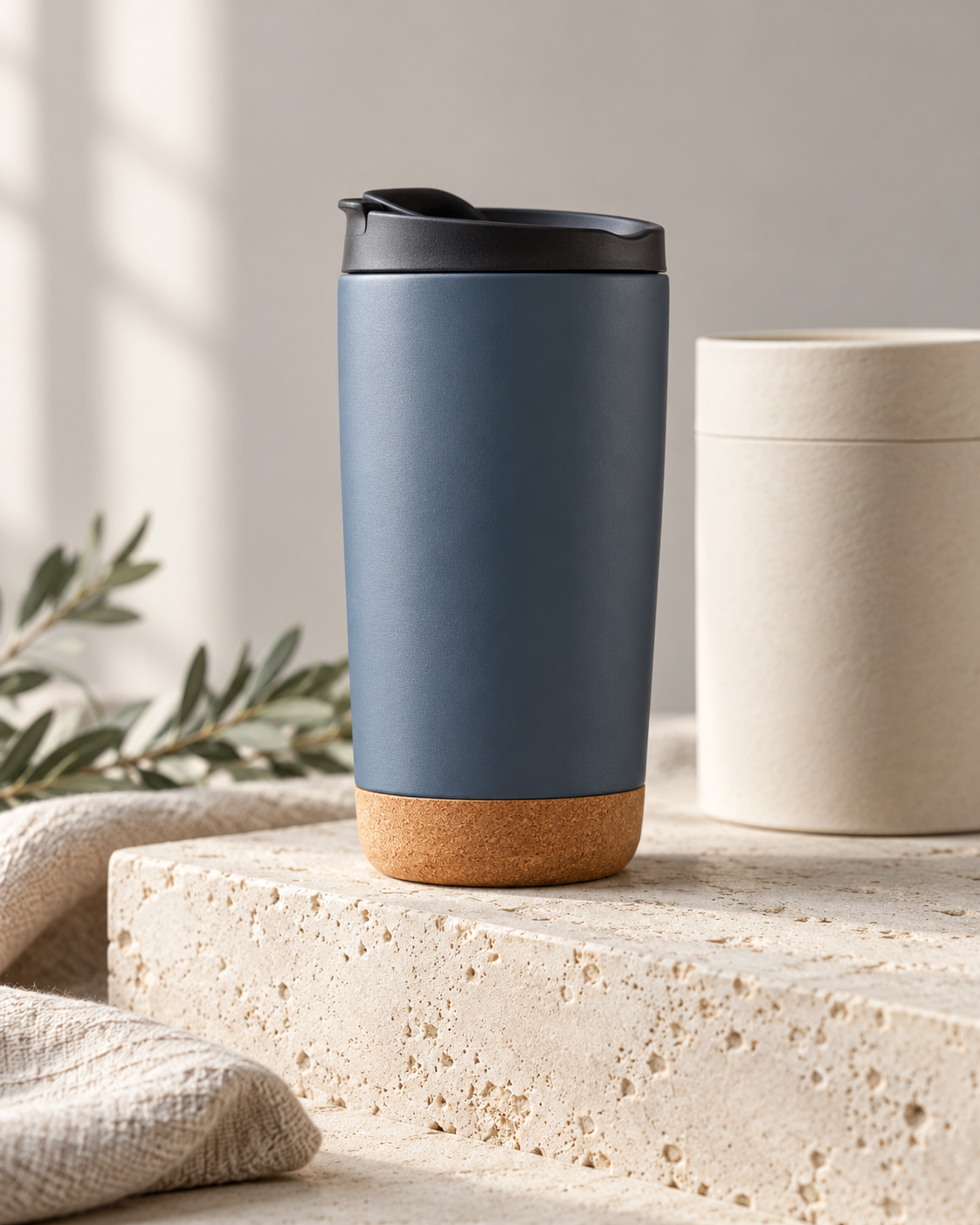 Slate-blue travel mug with a cork base on a stone display.