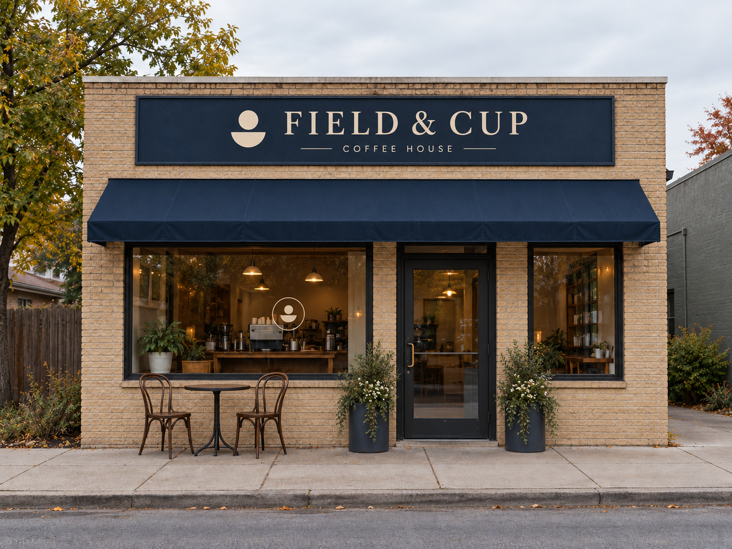 Same illustrative storefront with coordinated navy signage and cafe furnishings.