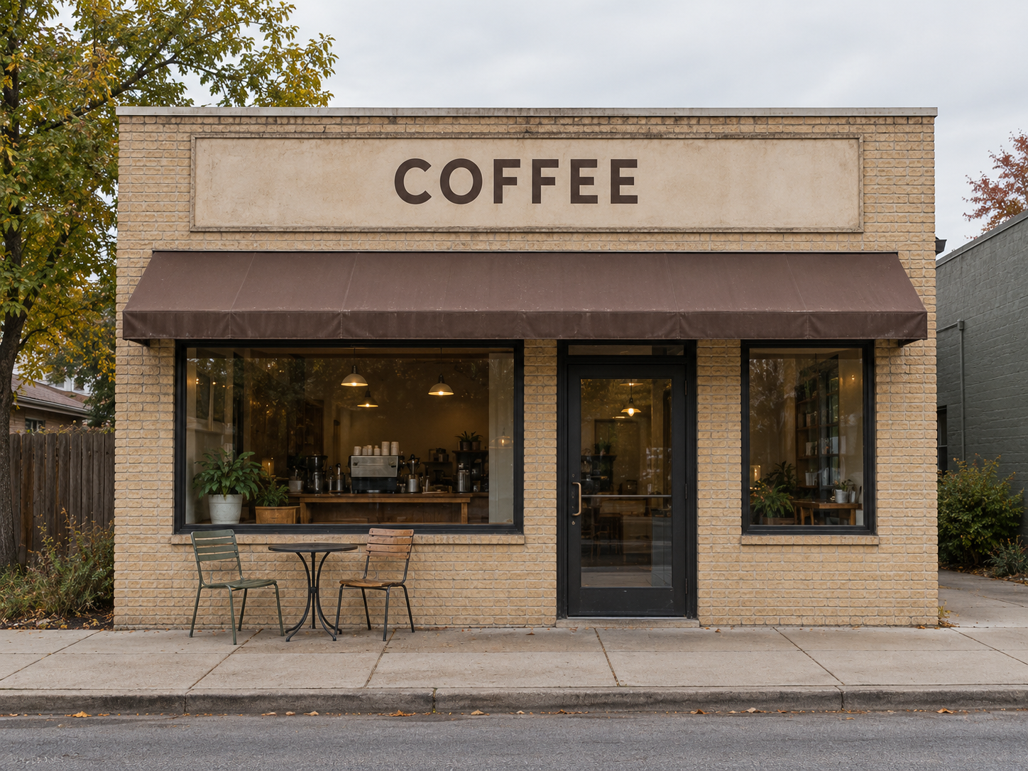 Illustrative coffee storefront before a visual identity refresh.