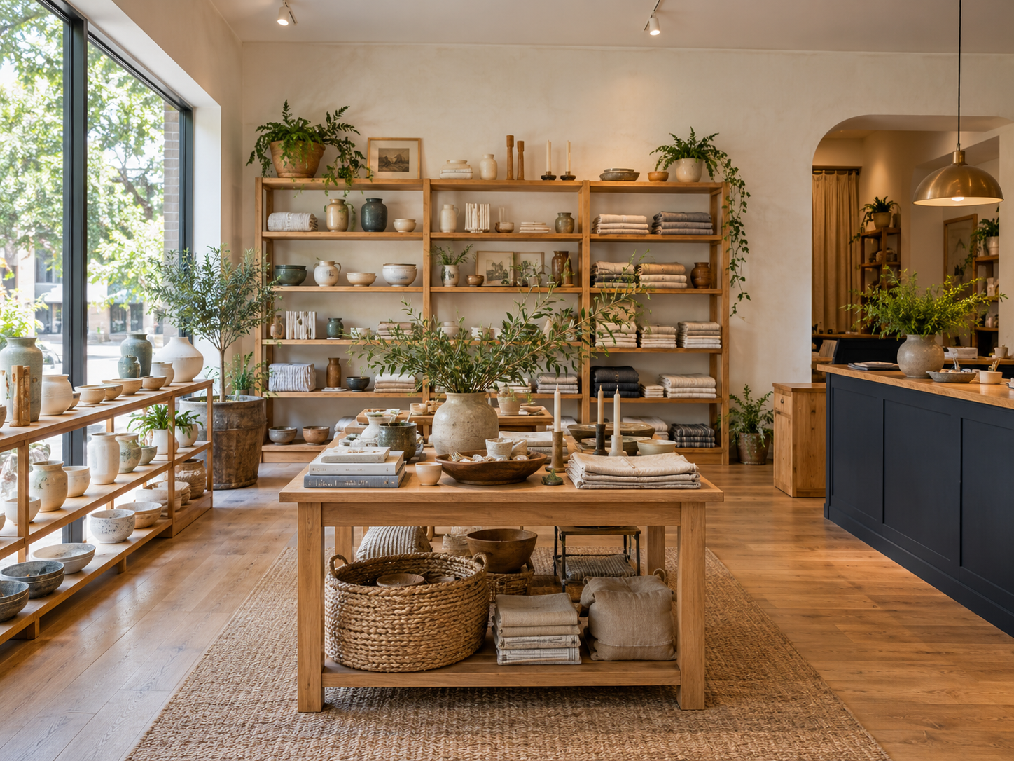 Home-goods shop with oak shelves, ceramics, linens, and a navy counter.